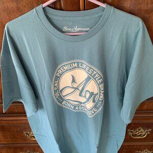 Men's Size XL "Born Aggressive" T-Shirt Sky Blue with White Logo Very Clean